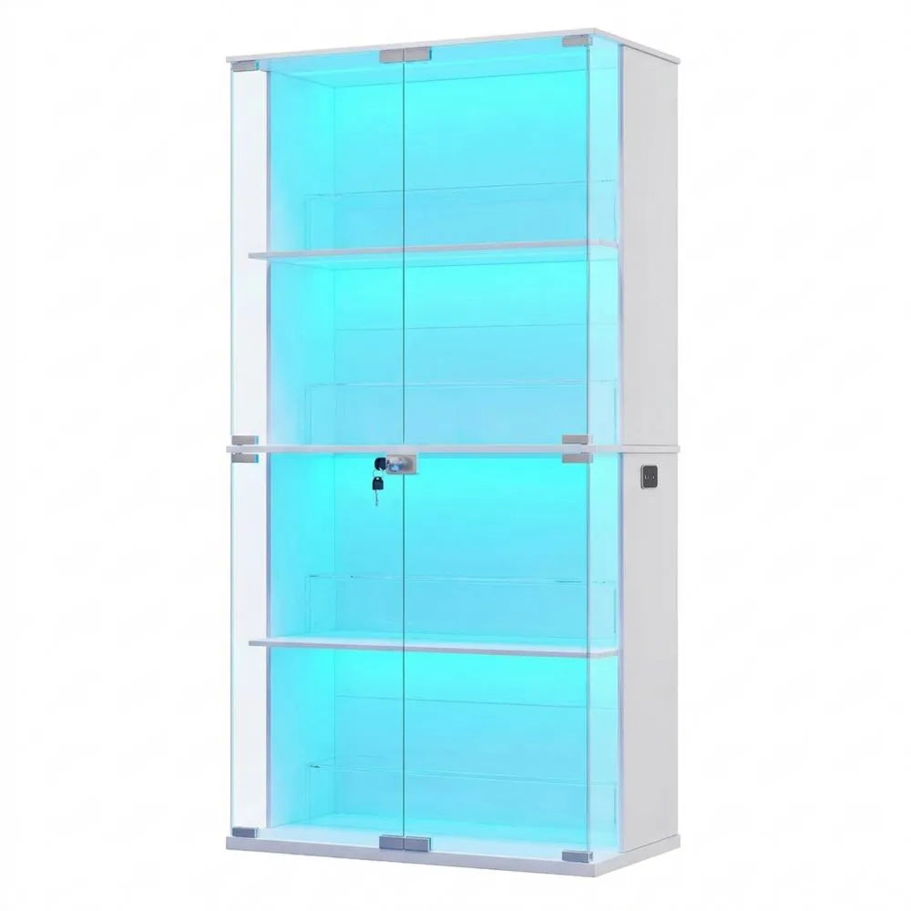 Vitrine mit LED-Beleuchtung und Glastüren für Sammlerstücke, 4 Ebenen, mit intelligenter Sensorik, Weiß