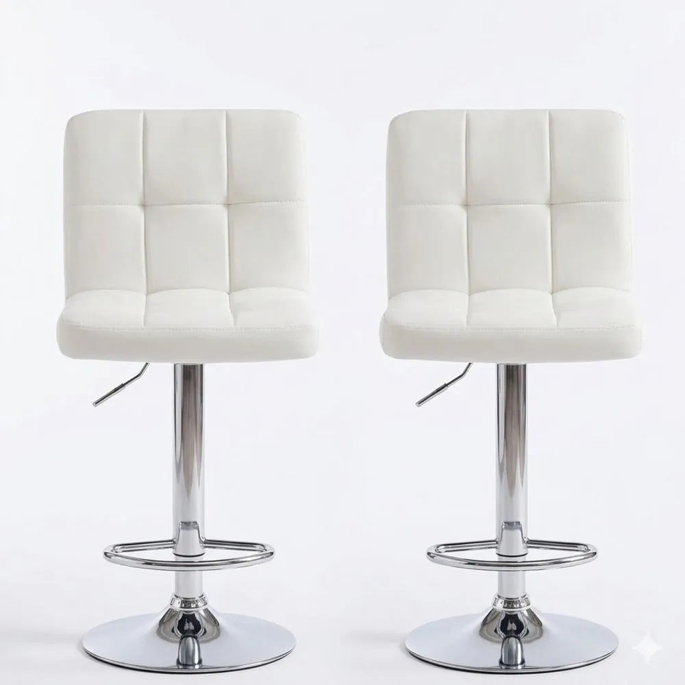 Verstellbarer Barhocker mit Rückenlehne und Fußstütze, 360° drehbar, PU-Leder, 2er Set, Weiß