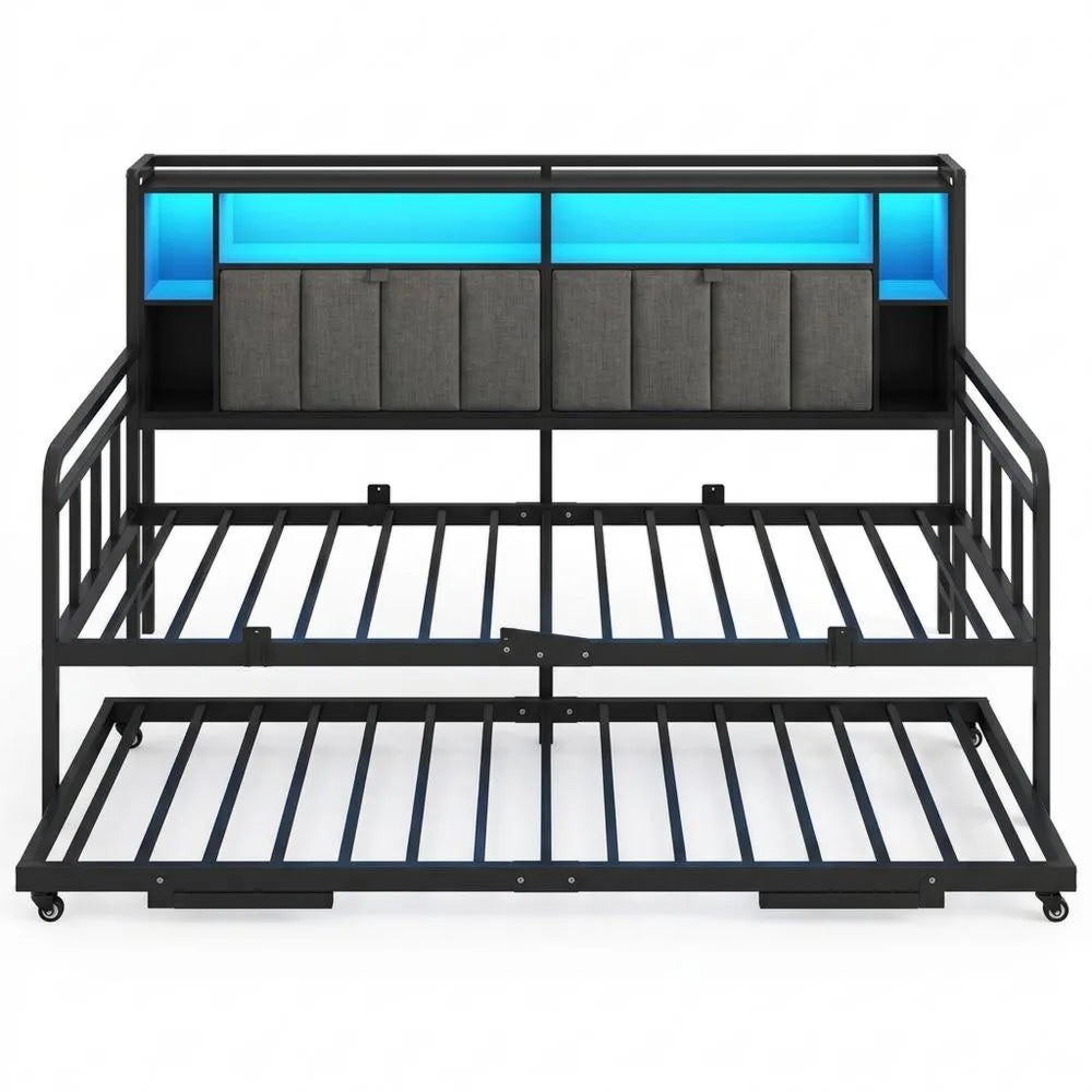 Multifunktionales Schlafsofa mit LED und Ladestation, ausziehbares Gästebett 90x200/180x200 cm, Schwarz
