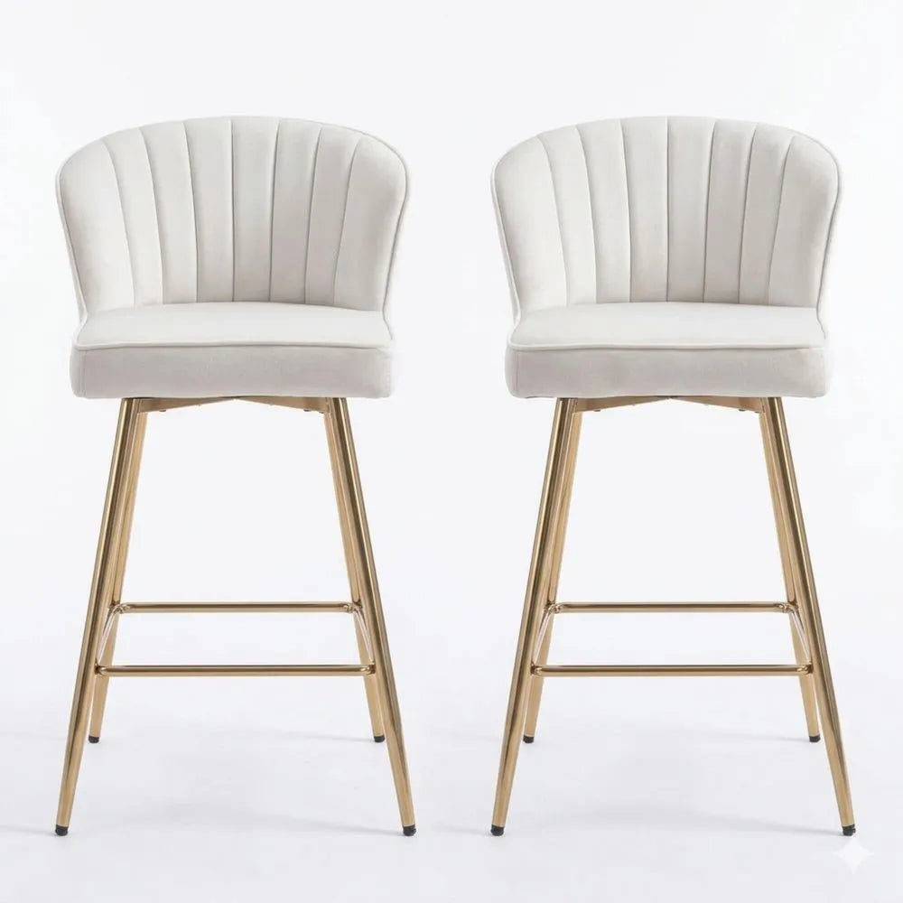 Eleganter Samt-Barhocker im 2er-Set mit Metallbeinen, Beige