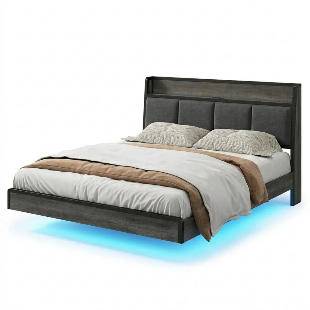 Modernes Polsterbett mit LED-Beleuchtung und Ladestation