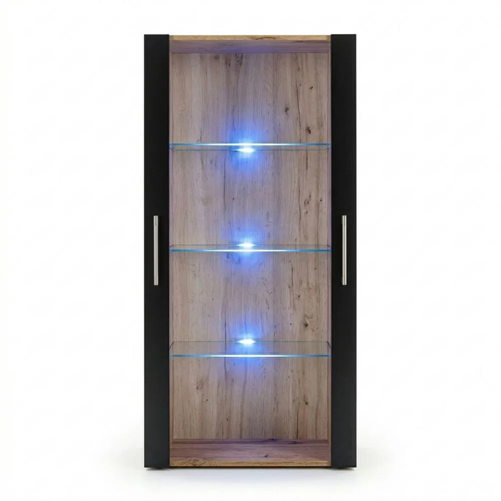 Moderne Glasvitrine mit LED-Beleuchtung, Schwarz/Wotan, 3 Regalböden